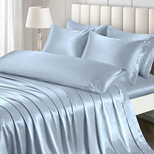 Image of Ersmak 7 Pieces Satin Sheets Set Queen Size, Luxury Silky Light Blue Satin Bed Sheets Set with 1 Deep Pocket Fitted Sheet, 1 Soft Flat Sheet, 4 Queen Pillowcases and 1 Body Pillowcase