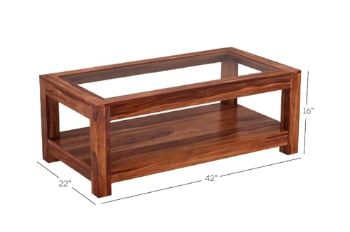 Image of Sheesham Wood Coffee Table with Glass Top Multipurpose Tea Table Wooden Centre Table for Living Room Home and Office (Wooden)