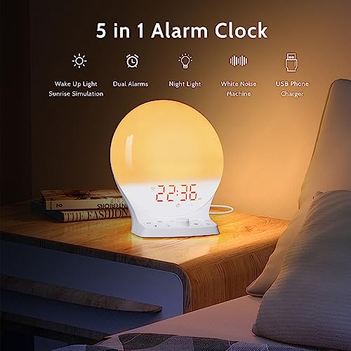 Sunrise Alarm Clock Wake Up Light For Bedrooms Heavy Sleepers Adults Teen Kid,Digital Clock With 2 Alarms,8-Color Night Light,White Noise Sound Machine For Sleeping,Timer,Snooze,Usb Charger,Dst,12/24H #TOP1