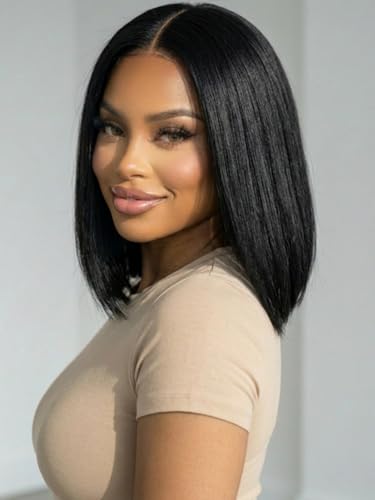 Image of KLAIYI Bye Bye Slip Bob Wig Human Hair Glueless Precut 7x5 HD Lace Front Wigs Drawstring Sleek Straight Pre Plucked Bleached Knots Pre Everything 30S Ready to Wear and Go Wig Beginner Friendly 12Inch