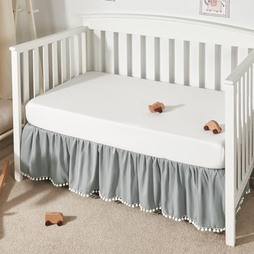 Image of TILLYOU Ruffled Crib Skirt with Pompoms, Microfiber Nursery Crib Toddler Bedding Skirts for Baby Boys Girls, 14" Drop, Charcoal Grey