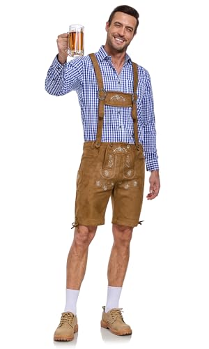 AMZHOTER Lederhose Herren Tracht Oktoberfest Trachtenhose Trachtenlederhosen Kurz Lederhosen Mann Braun bayrische Trachten Hose Trachtenmode mit Hosenträger Hellbraun 48