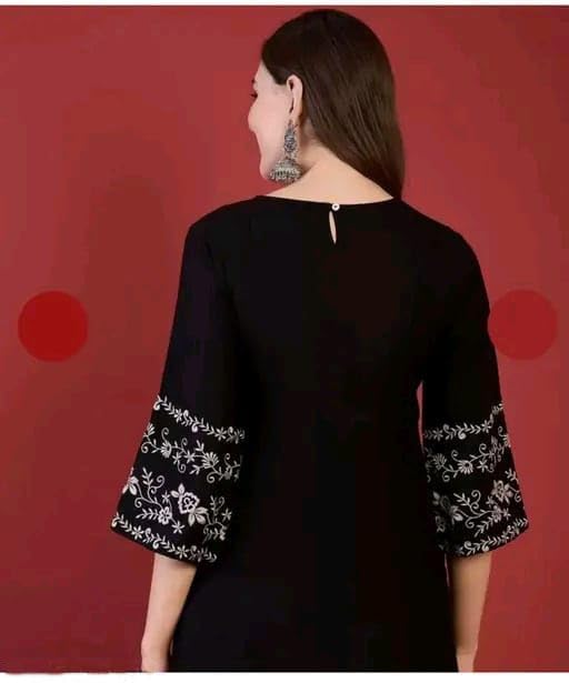 Image of MAHIRA'S Comfort Women's Short Kurti, Rayon Tunic Top with 3 /4 Embroidered Designer Sleeves | Soft Breathable Fabric | Office & Casual Kurti for Jeans, Leggings & Trousers