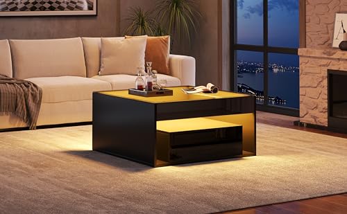 Mesa de centro para salas pequeñas Anself en negro brillo con luces LED 3