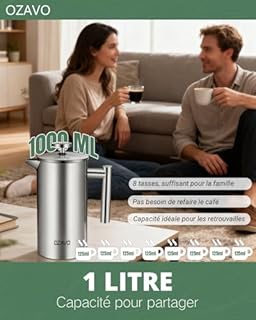OZAVO Cafetière à Piston 1000ML INOX Isotherme avec 5 Filtres Remplacement French Press 3 en 1 Acier Français Cafe Filtre à Thé Manual - 1 Litre