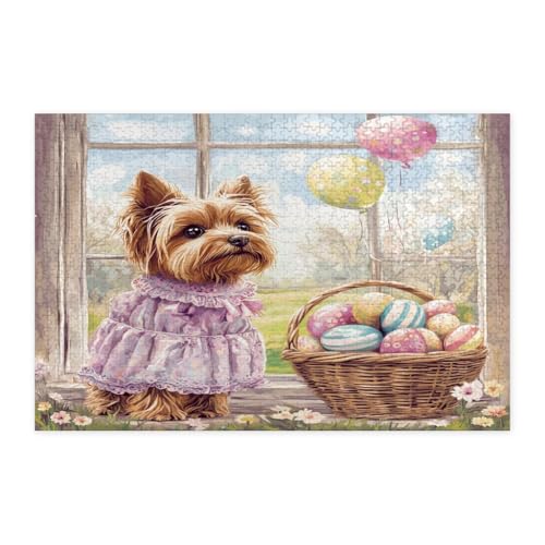 Rompecabezas de 1000 piezas para adultos, diseño de perro Yorkie de primavera en madera