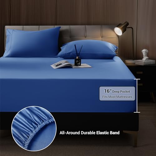 Image of Shilucheng 4 Piece California King Sheet Sets, Cooling Sheets, Blend Rayon Derived from Bamboo, Deep Pocket Up to 16 inch, Breathable & Soft Bed Sheets, Hotel Silky Bedding Set, Navy Blue