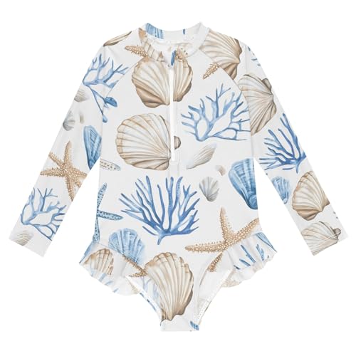 ALAZA Toddler Swimsuit Girl Bathing Suit Swimwear Rash Guard Coral Starfish Shell Long Sleeve 3T