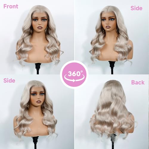 Image of Ash Blonde Wig Body Wave Lace Front Wig 22 Inch Human Hair Wig 180% Density | 13X4 UHD Realistic Lace Front Wigs Ash Blonde Wig Breathable Platinum Blonde Wig Ash Blonde Glueless Pre Cut Wigs for Women