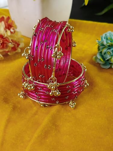 Image of NMII Viral Multi Colour Glass Bangles with Golden Ghungroo Charms & Stone Work For Women & Girls | Fancy Designer Glass Bangle | Traditional Chudi | Kanch Ki Churi | Stylish Ghungroo Bangle For Women