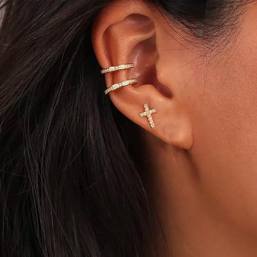 Cross Stud Earrings, Tiny CZ Paved Studs for Women Men, Hypoallergenic Small Earrings for Sensitive Ears Multiple Piercings Gold — view 2