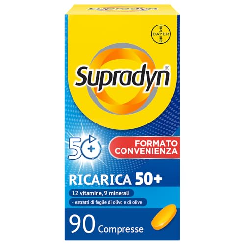 Supradyn Ricarica 50+, Multivitaminico, Integratore Stanchezza, 90 cpr | 12 Vitamine e 9 Minerali, Uomo Donna dai 50 anni, Antiossidante Naturale, Senza Glutine, Senza Lattosio, Scorta 3 Mesi