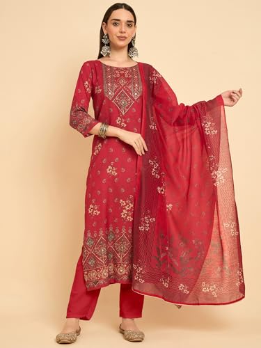 Image of SheWill Kurta Sets for Women - Red Rayon Aari Hand Work with Digital Floral Print Kurta with Pant and Chanderi Dupatta |Stylish Printed Summer Kurti Set