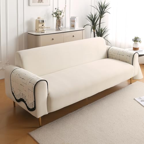 Image of HOKIPO Premium Supple Soft Wavy Anti-Slip Armrest Cover for Sofa, 1 Pair, Off-White (AR-5971-OWHT*2)