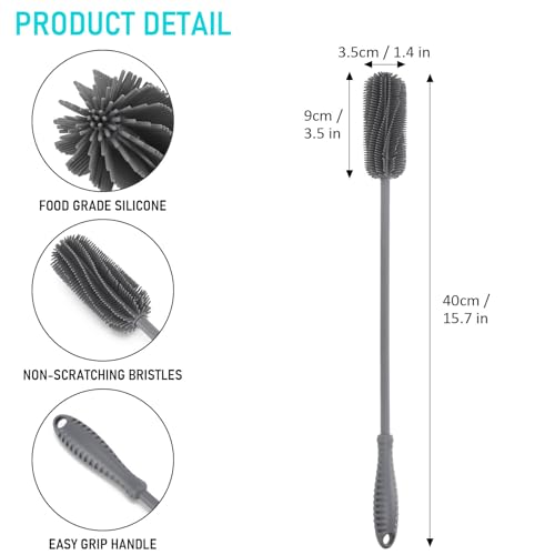 Image of 15.7 inch Silicone Bottle Brush, ddLUCK Water Bottle Cleaner Brush for Stanley, Hydroflasks, Glass, Thermos Sports Bottle, Vase and Glassware, Bottle Brush Cleaner for Small Narrow Neck Containers (Gray)