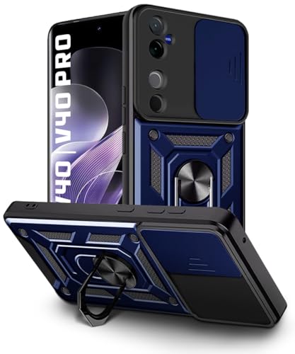 Image of WOW IMAGINE Tough Armor Bumper Mobile Back Case for Vivo V40 | V40 Pro 5G | T3 Ultra 5G | Sliding Camera Shield Cover | Shock Proof 360 Protection | Hybrid PC + TPU | Ring Holder with Stand - Blue