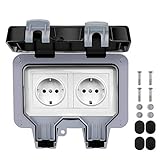 Powerole Außensteckdose IP66 Wetterfest, Wandsteckdose Gartensteckdose Aufputz Schutzkontakt für Feuchtraum Garten den Aussenbereich, Outdoor Steckdose 2fach mit Klappdeckel