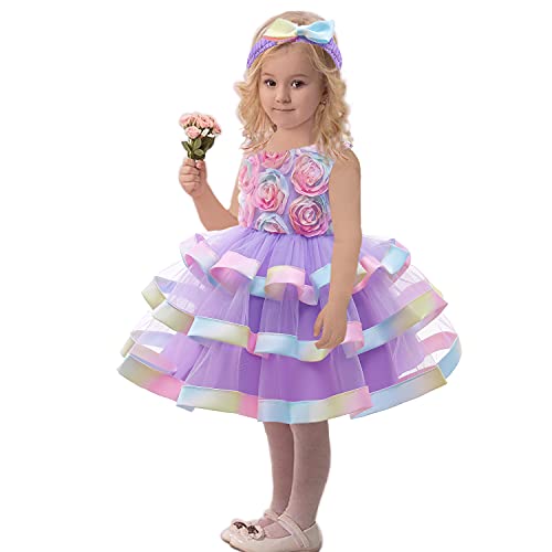 6M-6T Toddler Baby Girls Colorful Floral Tutu Gown Dress Party Evening Wedding Christmas Dance Dresses With Headwear Purple 90 #TOP4