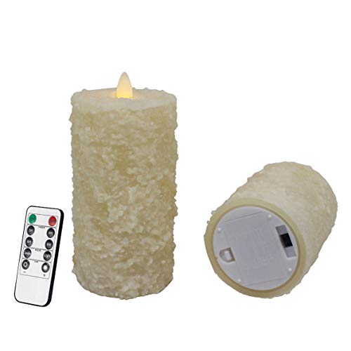 Image of CVHOMEDECO Rustic Textured LED Pillar Candles, Ivory, Set of 2 | Flameless Battery Operated, Timer and Remote Control, Farmhouse Real Wax, Flickering Dancing Flame, H 6 & 4 Inch