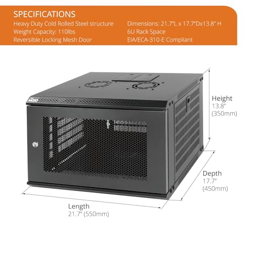 Image of Tecmojo 6U Wall Mount Rack Network Cabinet for 19 inch IT Equipment,with Lockable Mesh Door and Side Panels,Cooling Fan,450mm Depth (Standard 6U /450mm Deep), Mesh /Black