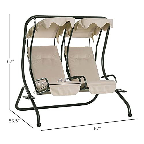 Outsunny Patio Swing Chair With 2 Separate Seats, Outdoor Swing Glider With Removable Canopy And Cup Holders, For Porch, Garden, Poolside, Backyard, Beige #TOP2