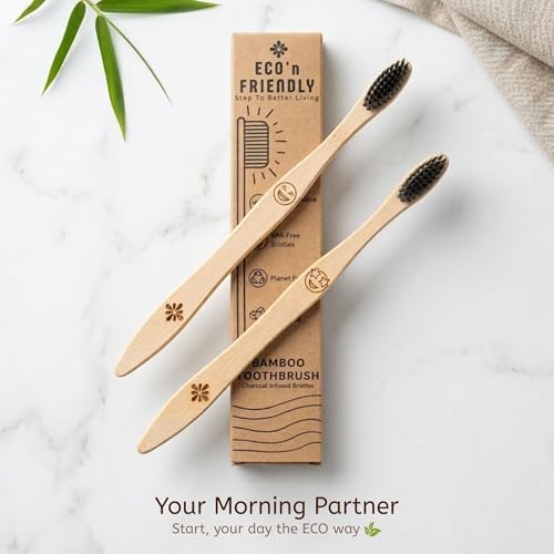Image of ECO'n FRIENDLY Bamboo Toothbrush for Adults | Charcoal Infused BPA-Free Bristles | Emoji for Easy Identification | Biodegradable Handle | Pack of (4)