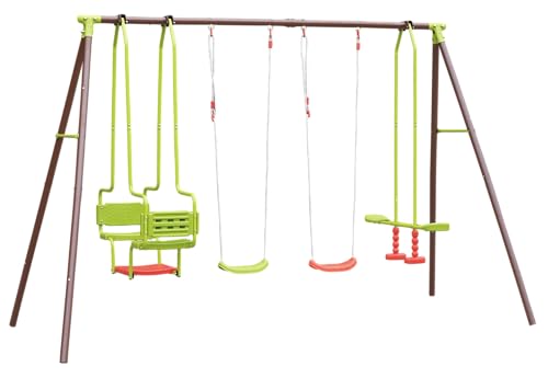 SOULET - Columpio Cuádruple de Acero Marrón y Verde Malo con 2 Asientos Individuales, Balancín y Góndola - 3,35 m x 1,95 m x 2,20 m​