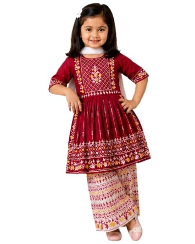 Image of Girls Embroidered Printed Kurta with Printed Palazzo Set, Ethnic Wear, 3-Piece