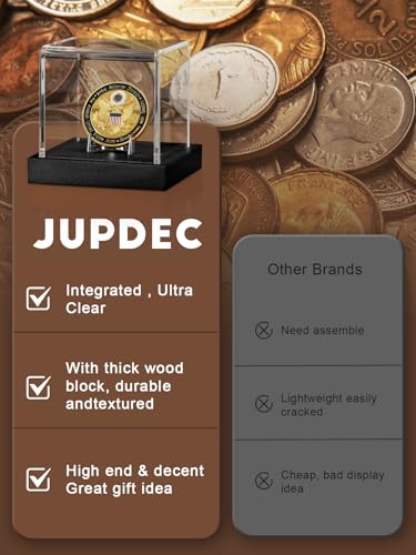 Image of JupDec Coin Display Case, Clear Acrylic Showcase with Wood Base & Alloy Holder for Single Challenge Coin, UV Protection Souvenirs and Collectibles Box, Ideal Gift for Coin Fans, Black