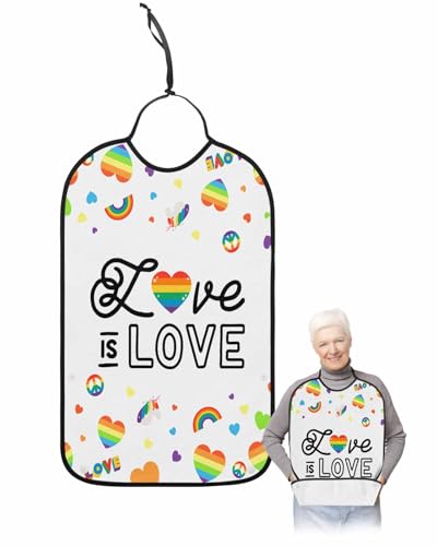 Jolunifun Abstract Love Adult Bib for Adults Men, Women, Rainbow Heart Simple White Washable & Adjustable Terry Cloth Bib with Crumb Catcher Reusable Waterproof Clothing Clothes Protector Apron