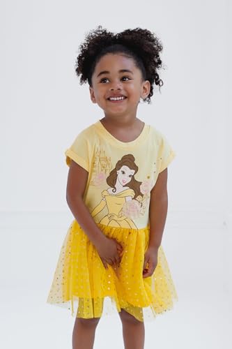 Disney Beauty and the Beast Big Girls' Glitter Tiered Short Sleeve Tulle Dress with Heart Print Yellow Belle 10-12 - image 2