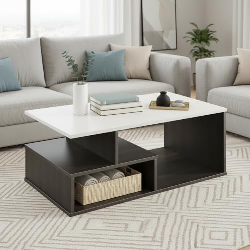 Image of FURNEASER Witely 2-Tier Engineered Wood Coffee Table with Storage Shelves, Modern Centre Table for Living Room & Sofa, Matte Wenge & White Finish