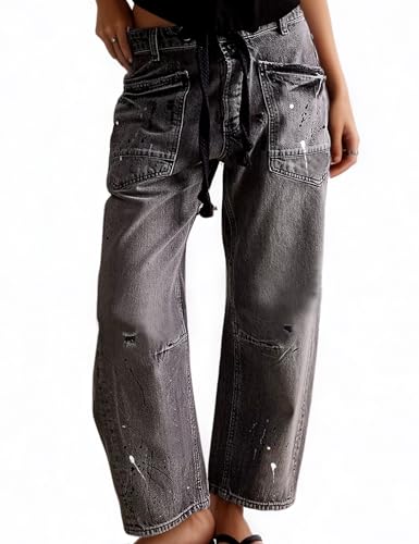 Womens Moxie Pull-On Barrel Jeans Mid-Low Rise Boyfriend Drawstring Ankle Baggy Jeans Elastic Waist Stretchy Denim Pants