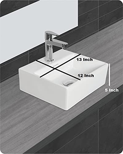Image of Wash Basin Table Top Over Counter Vessel Sink Glossy Finish White Sink for Bathroom (13 x 12 x 5 Inch)