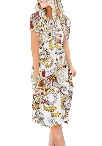 Image of DB MOON Women Summer Casual Short Sleeve Dresses Empire Waist Dress with Pockets (Yellow White Floral, 4XL)