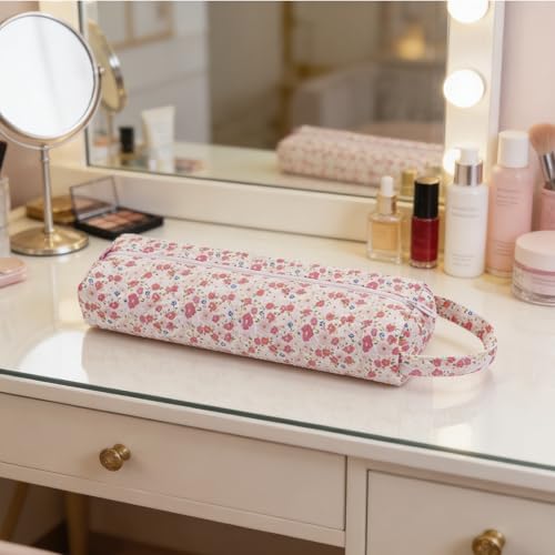 Image of RSRSLEII Quilted Hair Tools Travel Bag,Hair Styling Accessories Storage Case for Shark FlexStyle, Dyson Airwrap Hair Dryer, Curling Iron, Revlon Hair Tools,Portable and foldable(12Pink Blue Flower)