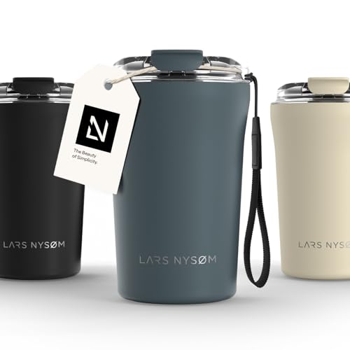 Image of LARS NYSOM Thermo Coffee Mug to go with Strap 13oz | Travel Mug 0.38 Liter with Insulation | Leak Proof Stainless Steel Thermal Tumbler for Coffee and Tea to Go (Stone Blue, 12.9oz)
