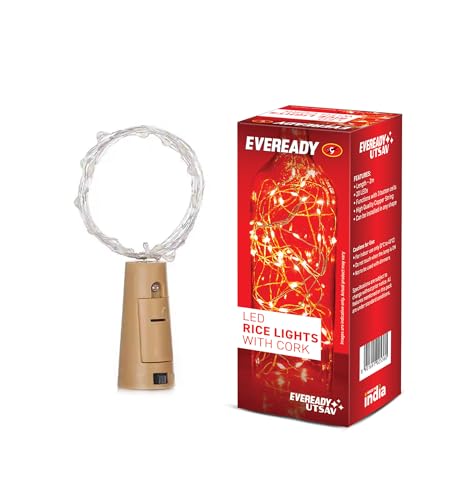Image of Eveready Utsav, 2 Meter LED Rice Lights with Cork, 20 Bright LEDs, Operates with 3 pcs of LR44 Coin Battery, Copper String, Decorative Fairy Lights, Diwali, Christmas, Wedding, New Year & Home