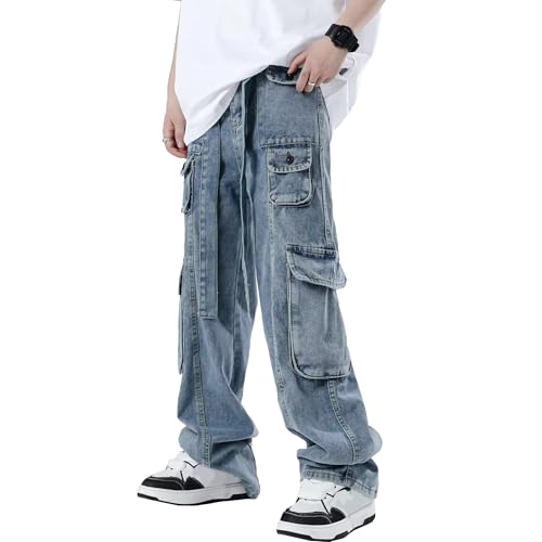 Men's Loose Fit Cargo Jeans Streetwear Hip Hop Cargo Pants with Multiple Pockets Straight Wide Leg Denim Pants