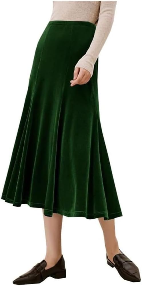 Women's Silk Velour Midi Skirt High Waist A-Line Long Casual Office Skirt for Daily Wear