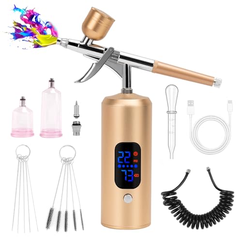 Cordless Rechargeable Airbrush Kit,Handheld Air Brush Sprayer Gun with Compressor 38 PSI Adjustable, LCD Screen, Air Hose Extension - Perfect for Barber,Nail Art,Cake Decor,Makeup,Model Painting