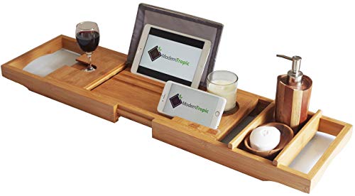 Moderntropic Home And Spa Bamboo Bathtub Caddy And Tray Expandable Non-Slip Wooden Bath Tray Securely Holds Drinks, Book/Tablet, Accessories, Phone #TOP4