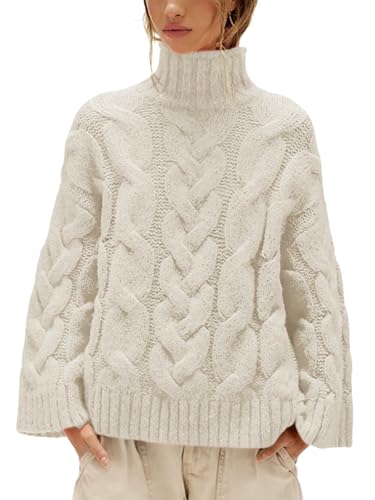Womens Oversized Cable Knit Turtleneck Sweater Chunky Soft Cozy Long Sleeve Pullover Fall Winter Sweater for Women