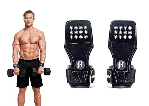 RIMSports Weight Lifting Grip Hooks with Wrist Protector for Deadlifting & Bodybuilding - Gym Exercise Hand Gloves with Palm Pads That Molds in Shape for Extra Security (Black Gray Dots)