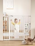 BABELIO 36" Tall Auto Close Baby Gate with Cat Door, 29-43" Metal Cat Gate for Doorway & Stairs, Easy Walk Thru, Pressure Mounted Safety Gates, Includes 4 Wall Cups and 3 Extension Pieces, White