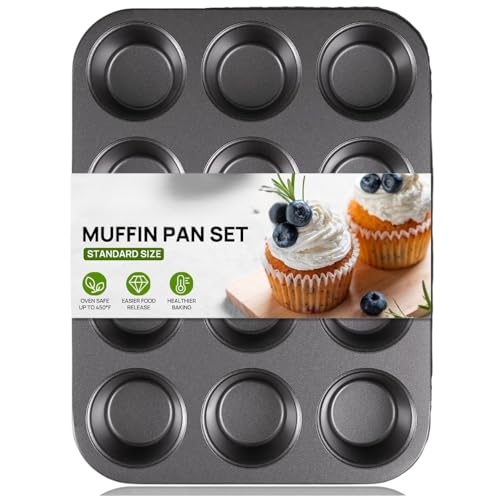 Muffin Pan for Baking Nonstick Cupcake Tin 12 Cup 2 Pack Cup Cake Tray Premium Cheesecake Pans Dishwasher Safe - Dark Grey