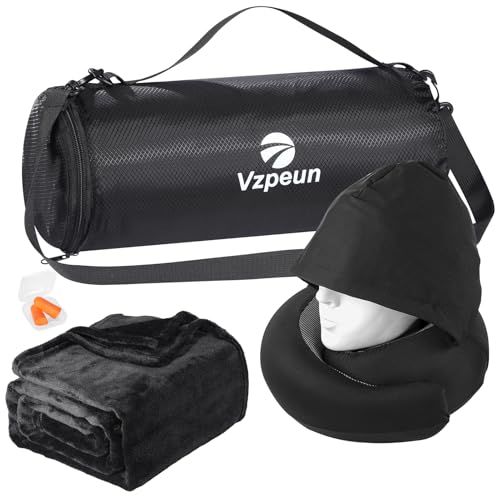 Vzpeun Travel Pillow Blanket Set - Hooded Neck Pillows Airplane with Portable Bag Earplugs, Memory Foam Filling, Long Flights Trip Essentials for Plane, Office, Cars Sleeping