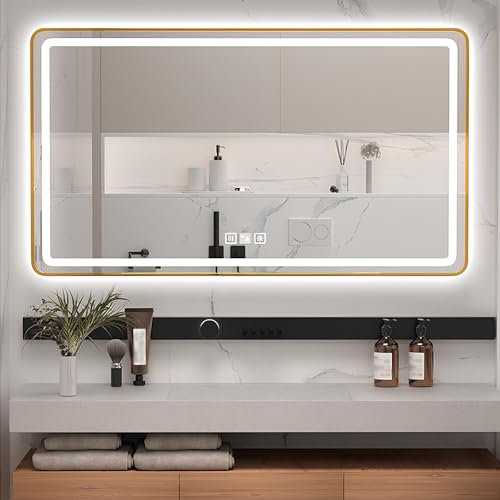 Espejo de baño LED de alta gama con marco de metal decorativo y doble luz de pared 2