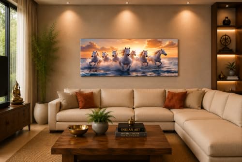 Image of 7 Horse Vastu Sunrise Canvas Painting | Positive Energy Wall Decor | Big Size Premium Running Horses Artwork for Home, Office & Hall Decoration (Modern, Water Pink Horse, 44x20 Inch)
