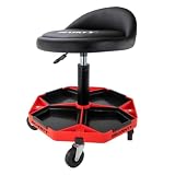 HASKYY Taburete de Taller con Respaldo, Altura Regulable de 43 a 58 cm, Taburete Giratorio para con Ruedas de 360 °, hasta 150 kg, Asiento de Taller con Compartimentos de Almacenamiento